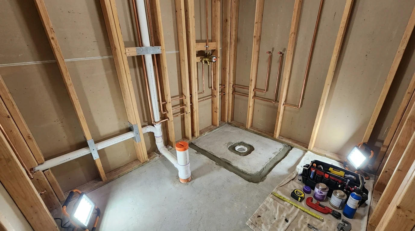 Bathroom rough-in plumbing during remodel by Johns Plumbing LLC in Glenwood