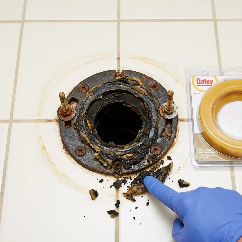 Failed wax ring showing water seepage at the base of a toilet in a Glenwood, MN home