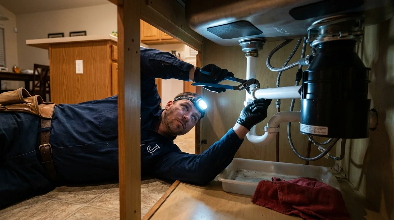 P-trap and supply line connections under a kitchen sink showing a common leak point in Glenwood, MN